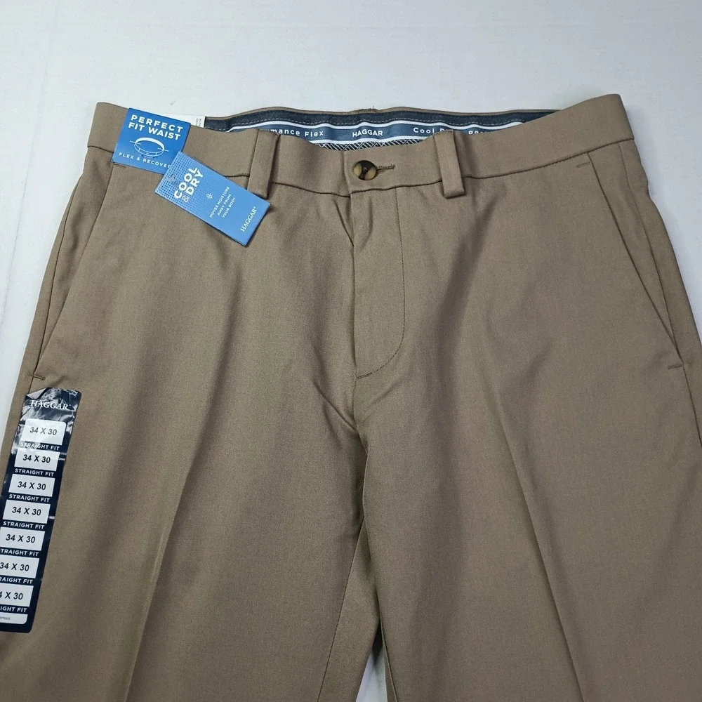 Haggar Cool Right Performance Flex Straight Fit Pants Men's Size 34x30 Khaki New